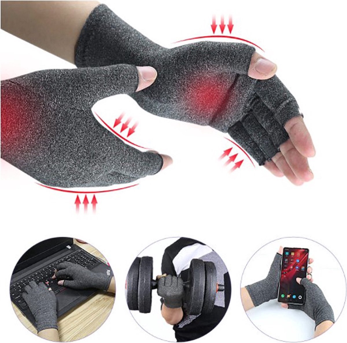 Goedkoopste Compressie Handschoenen I Therapeutische Handschoenen I Open Vingertoppen I Maat XL I Grijs I 1 Paar
