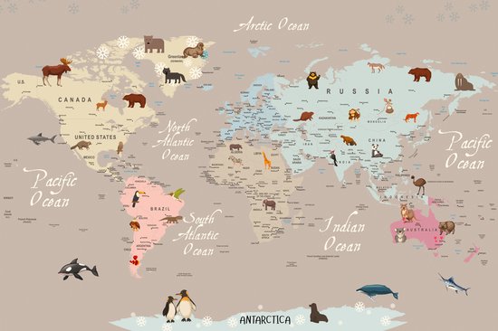 Fotobehang Animals World Map For Kids Wallpaper Design - Vliesbehang - 300 x 210 cm