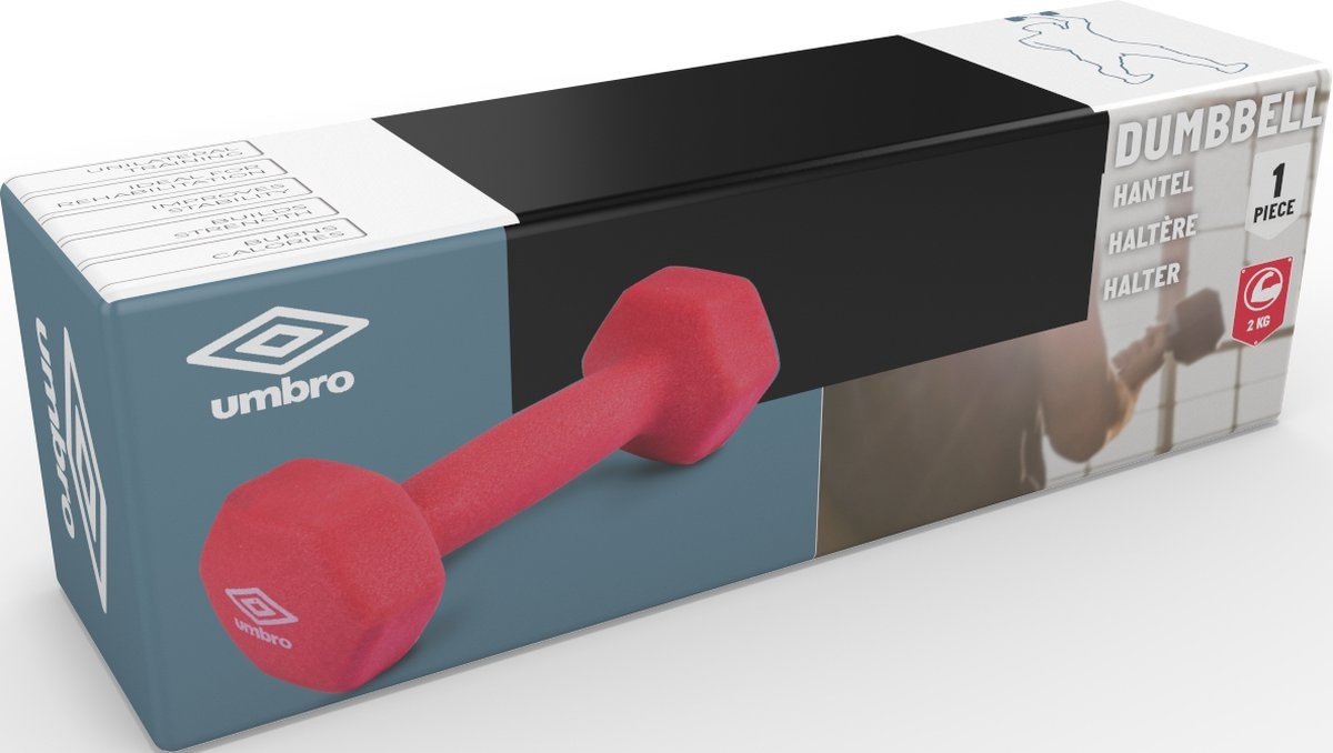 Umbro Halter 2 KG - Dumbell - Rood - Rubber/Vinyl - Krachttraining en Cardio - Stoot- en Krasvrij Materiaal - Perfect voor Beginnende Sporters en Senioren – foto 3