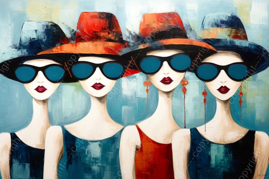 JJ-Art (Aluminium) 90x60 | 4 Vrouwen met zonnebril, modern surrealisme, abstract, rood, bruin, blauw, groen, kunst | geschilderde Picasso stijl, Picasso stijlvol, modern | foto-schilderij op dibond, metaal wanddecoratie