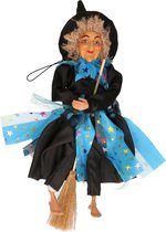 Halloween horror decoratie heksen pop op bezem - 30 cm - zwart/blauw - Versiering/feestartikelen