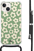 Casevibes - Telefoonhoesje met koord - Geschikt voor Apple iPhone 14 - Retro Cute Flowers - Groen - Bloemen
