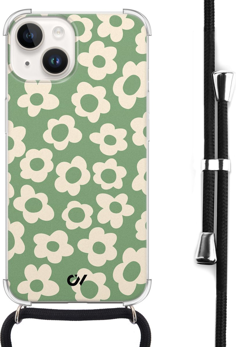 Casevibes - Telefoonhoesje met koord - Geschikt voor Apple iPhone 14 - Retro Cute Flowers - Groen -