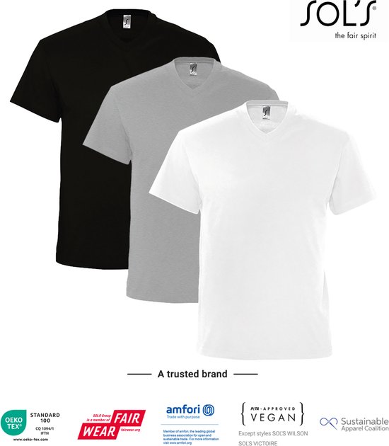3 Pack SOLS V-hals, Heren T-Shirt 100% katoen V-hals, Zwart, Lichtgrijs gemeleerd, Wit