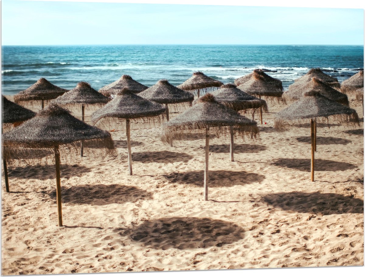 Acrylglas - Zee - Strand - Zand - Parasols - 100x75 cm Foto op Acrylglas (Wanddecoratie op Acrylaat)