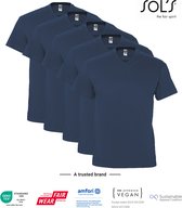 5 Pack SOLS V-hals, Heren T-Shirt 100% katoen V-hals, Denim Blauw, Maat L