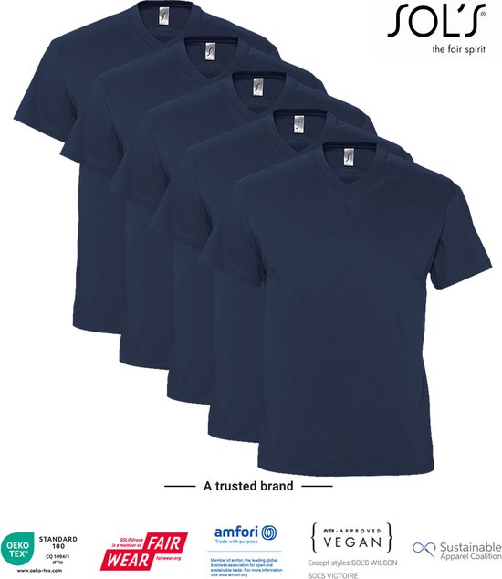 5 Pack SOLS V-hals, Heren T-Shirt 100% katoen V-hals, Donker Blauw Maat XL