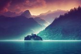 Fotobehang Fantasy Concept Showing A Lake Bled, Slovenia. Digital Art Style, Painting , Horizontal Side View, Skyline - Vliesbehang - 416 x 254 cm