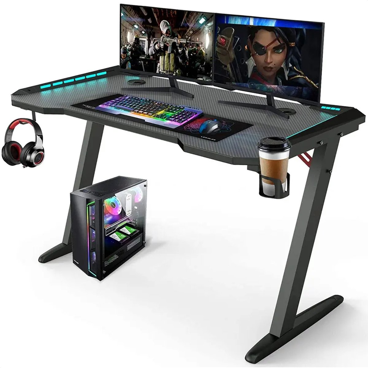 Avalo Gaming Bureau - 140x60x73 CM - Game Desk Met LED Verlichting - Tafel - Zwart - Avalo