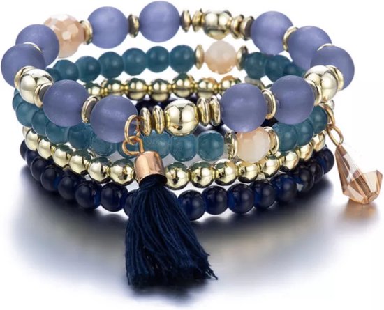 Armbandenset 4 stuks – Dames Mode Boho - Blauw Multilayer Kristal Kralen - Dames-Lady Elastische - Moederdag Valentijnsdag
