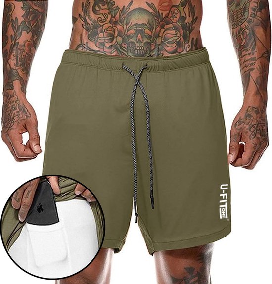 U Fit One Sportbroek voor Heren - Hardloopbroek met Mobiel Zak - 2 in 1 Shorts - Groen - Maat 2XL