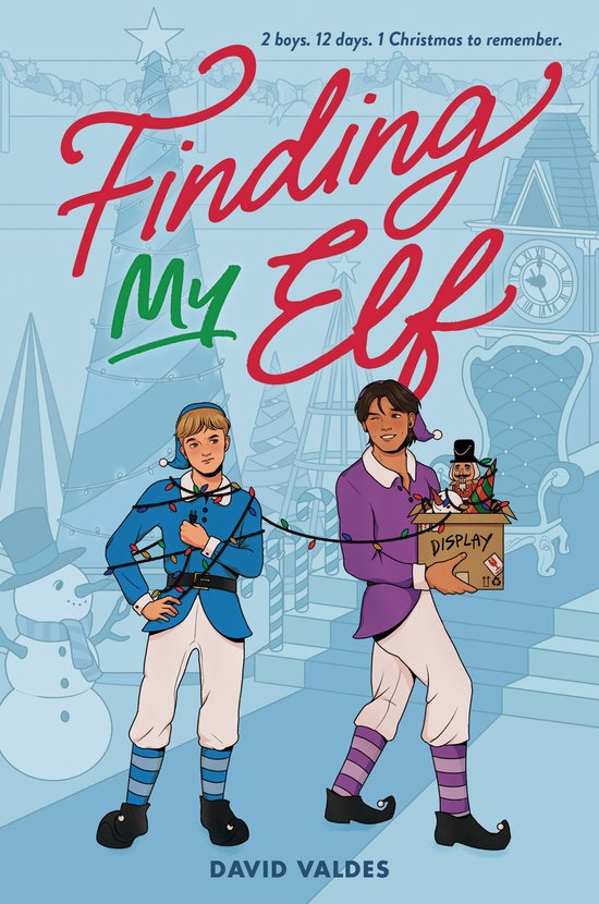 Boekcover met twee jongens in elfensokken, verpakt in kerstverlichting. Een jongen draagt een blauwe outfit, de ander een paarse. Titel: Finding My Elf.
