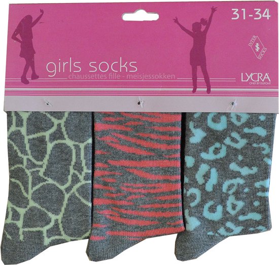Meisjes sokken - katoen 6 paar - beasty - assortiment grijs kleuren print - naadloos