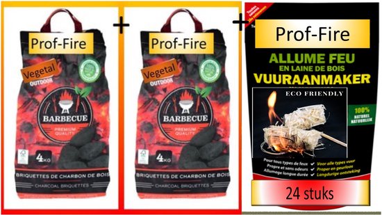 Prof-Fire - 2 x 4 Kg BBQ Briketten (8 Kg) + 1 zak Aanmaak Houtwol van 24  stuks | bol.com