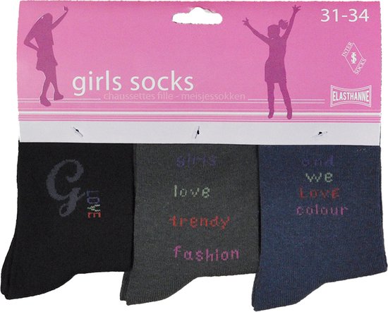 Meisjes sokken - katoen 6 paar - trendy - maat 35/38 - assortiment blauw/zwart/paars - naadloos