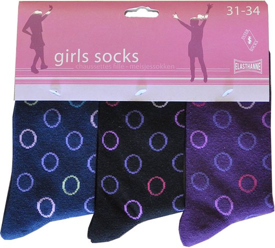 Meisjes sokken - katoen 6 paar - circles - maat 35/38 - assortiment paars - naadloos