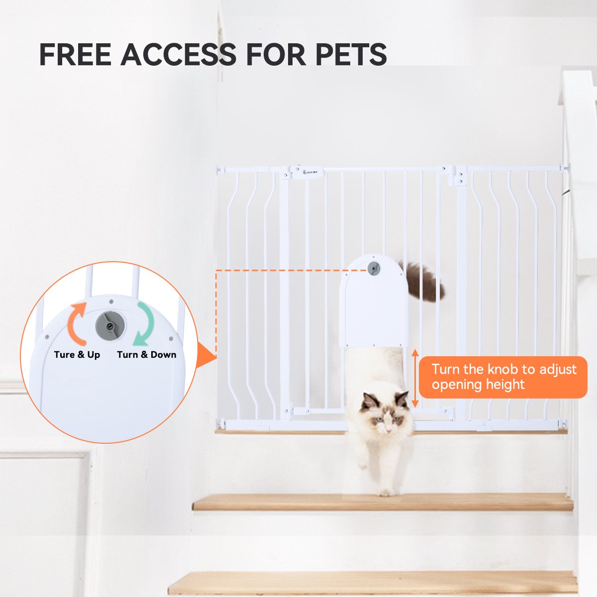 COMOMY Hondenhek met kattenklep (75-103 cm), veiligheidsbarrière zonder boren voor trap en deur, automatische sluiting, robuust, met verlengingen 7 en 14 cm, wit