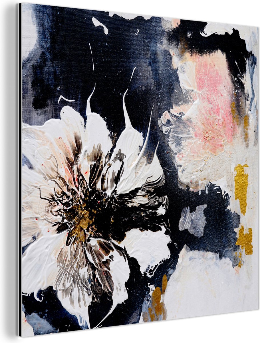 Wanddecoratie Metaal - Aluminium Schilderij Industrieel - Bloemen - Kunst - Abstract - Zwart - Verf - 50x50 cm - Dibond - Foto op aluminium - Industriële muurdecoratie - Voor de woonkamer/slaapkamer