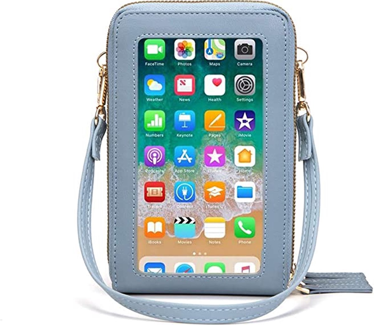 Telefoontasje met Ingebouwde Touchscreen - Ruimte voor Telefoon, Pasjes & Contant Geld - Met RFID Beveiliging - Licht Blauw