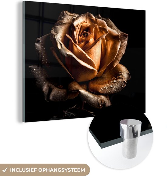 Glasschilderij 160x120 cm - Gouden bloem - Foto op glas roos - Woonkamer schilderij bloemen - Acrylglas schilderijen slaapkamer - Kamer decoratie glasplaat - Wanddecoratie glasschilderijen - Muurdecoratie botanisch
