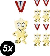 5x Medailles Voetbal voor kinderen - goud - metaal - met halslint - set van 5 stuks