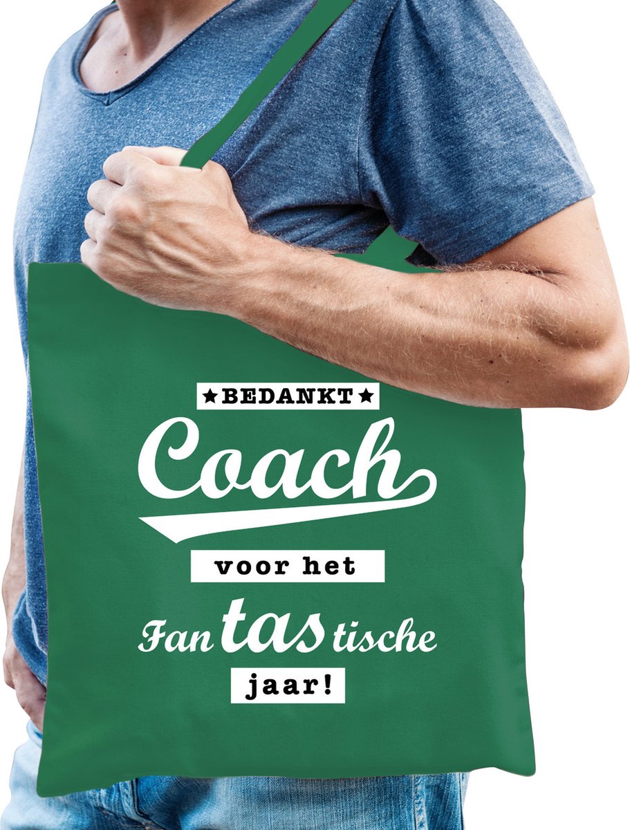 Bellatio Decorations cadeau tas voor coach/trainer - bedankt - groen - katoen - 42 x 38 cm