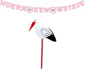 Décoration naissance fille - assiette naissance cigogne - hauteur 100 cm - ligne drapeau rose - guirlande lettres