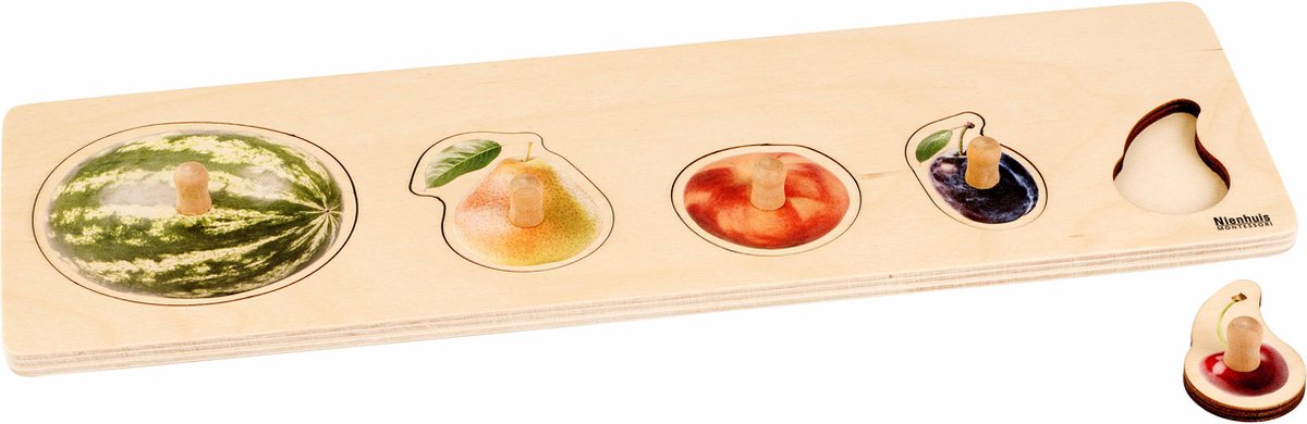 Nienhuis Montessori Kinderpuzzel Fruitsoorten - 5 soorten fruit - Houten speelgoed - Houten puzzel - Educatief speelgoed - 5 stukjes - Vanaf 2 jaar