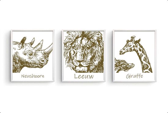 Postercity - Set 3 Jungle/Safari Getekende Neushoorn Leeuw Giraf met Tekst - Dierenposter - Babykamer / Kinderposter - Muurdecoratie - 70x50cm