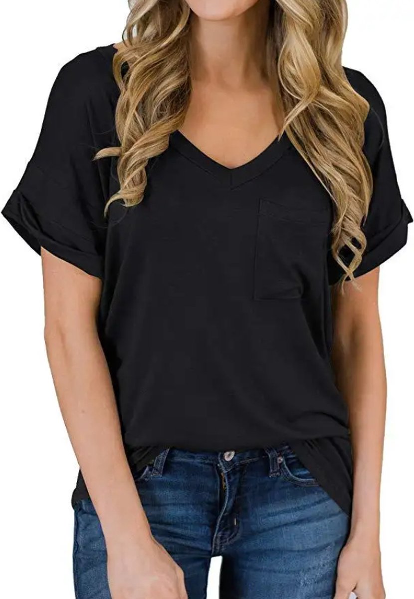 ASTRADAVI Casual Wear - Dames V-Hals T-Shirts met Borstzakje - Trendy Opgerolde Mouwen - Zwart/Small