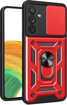 Hoesje met Camera Slider Geschikt voor de Samsung Galaxy A34 - Back Cover met Standaard - Uitklapbare Kickstand Ring - Beschermhoes TPU - Magneet voor Auto Houder Rood