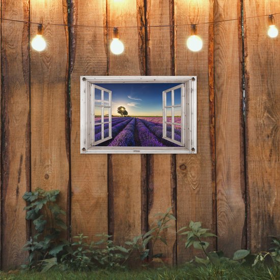Poster de jardin Look-through - Lavande - Arbre - Fenêtre - Coucher de soleil - 60x40 cm