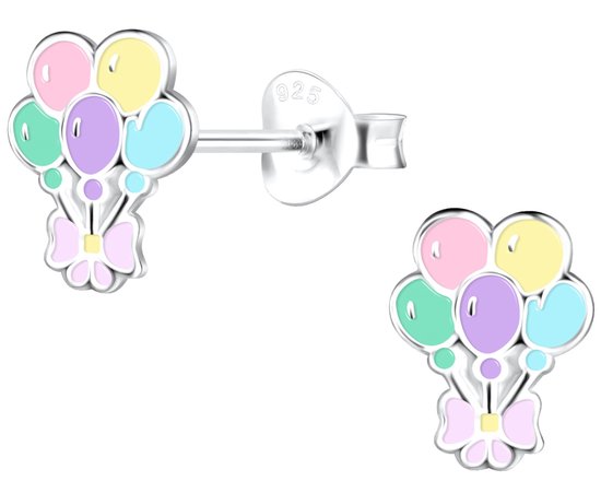 Joy|S - Zilveren ballon oorbellen - pastel kleurtjes - lila strikje - 7 x 9 mm - feest oorknoppen - kinderoorbellen