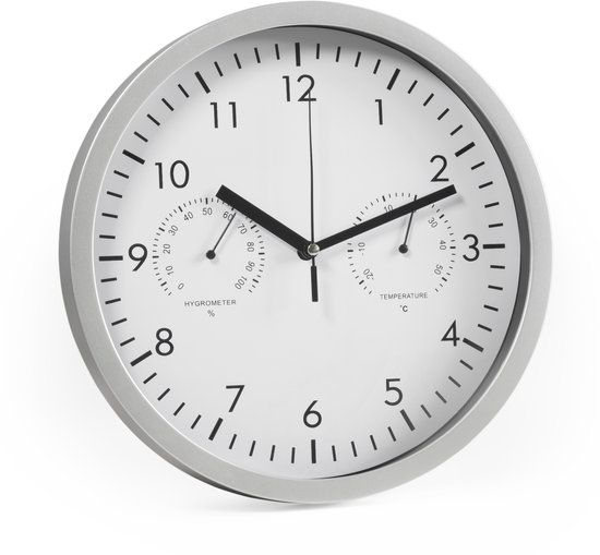 Wandklok met stille uurwerk - Wandklok modern met thermometer en hygrometer - Witte wijzerplaat, 25cm Ø
