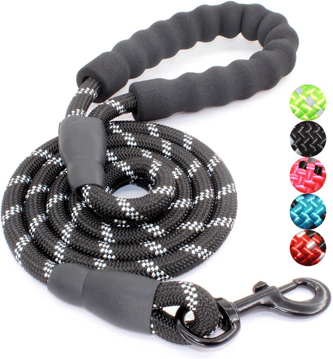 JAXY Hondenriem - Nylon Hondenlijn - Gevoerd Handvat - Robuust Touw - Reflecterende Looplijn Hond - 1,5 M - Zwart
