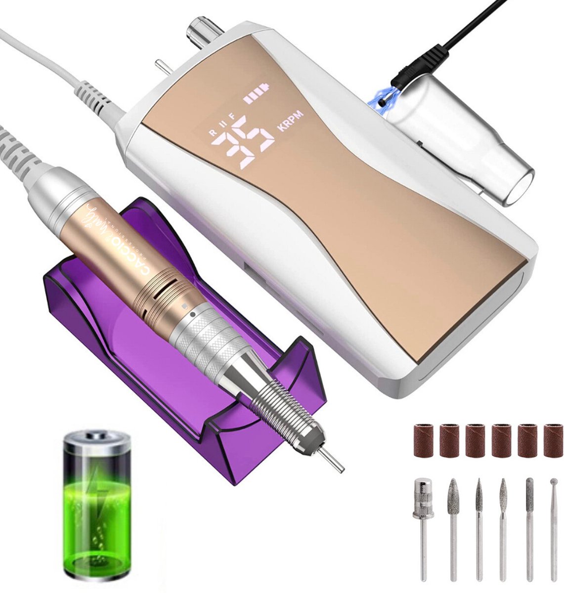 CACCIO® Elektrische Nagelfrees - Goud Draadloze Nagelfrees -Oplaadbaar - Nagelvijl -Inclusief 6 bitjes - 35000 RPM Krachtig Electrische Nagelvijl - Manicure/pedicure voeten en handen Acrylnagels-Gelnagels - Nagels - Nail Drill Machine - Professioneel