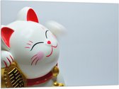 Vlag - Japans Maneki Neko Kattenbeeldje in het Rood met Wit en Goud - 100x75 cm Foto op Polyester Vlag