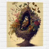 Muursticker - Koolmees Vogel in het Nest Versierd met Bloemen - 60x80 cm Foto op Muursticker