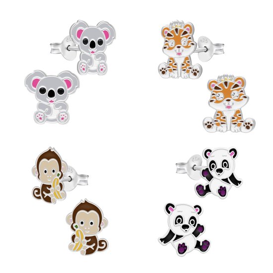 Kinderoorbellen, set van vier oorstekers van dieren, koala, panda, tijger en aap | Oorbellen meisje