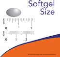 Afmetingen van een NOW softgel met een liniaal in inches en centimeters.