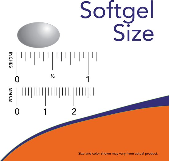 Afmetingen van een NOW softgel met een liniaal in inches en centimeters.
