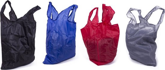 Quatre sacs de courses pliables: noir, bleu, rouge et gris.