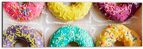 Dibond - Zes Gekleurde Feestdonuts met Discospikkels - 60x20 cm Foto op Aluminium (Wanddecoratie van metaal)