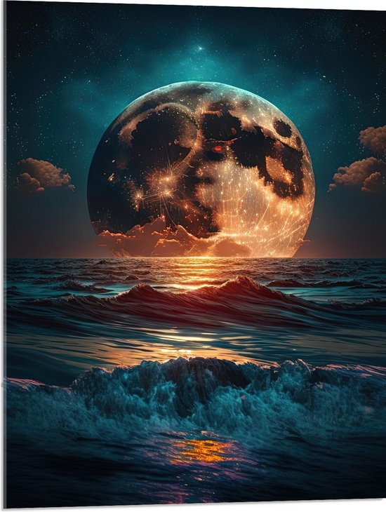 Acrylglas - Heldere Maan Dobberend op het Wateroppervlak - 60x80 cm Foto op Acrylglas (Met Ophangsysteem)