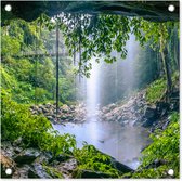 Tuinposters Jungle - Regenwoud - Water - Waterval - Planten - 50x50 cm - Tuindoek - Buitenposter