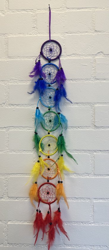 Dromenvanger met veren - Multicolour - Dreamcatcher with feathers- Dia 8 cm x lengte 94 cm - Woonaccessoires