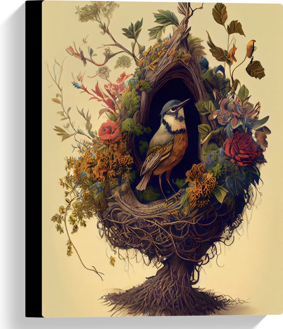 Canvas - Koolmees Vogel in het Nest Versierd met Bloemen - 30x40 cm Foto op Canvas Schilderij (Wanddecoratie op Canvas)