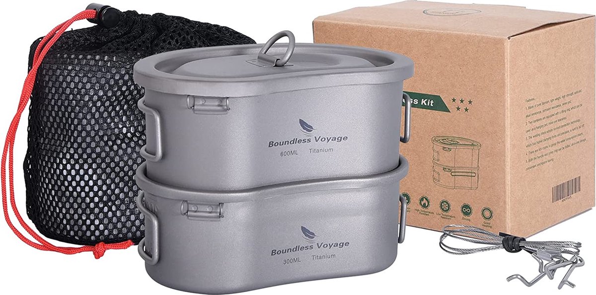 Boundless Voyage - Titanium Kampeerpottenset - Ultralight - Lunchbox - Draagbare Kom - Picknick Kookgerei - Titanium kantine - Puinhoop kit - Geschikt voor Outdoor Wandelen - Backpacken - Ti15123B