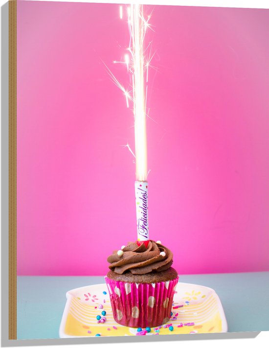 Hout - Verjaardagscupcake met Chocolade Topping en Fontein - 60x80 cm - 9 mm dik - Foto op Hout (Met Ophangsysteem)