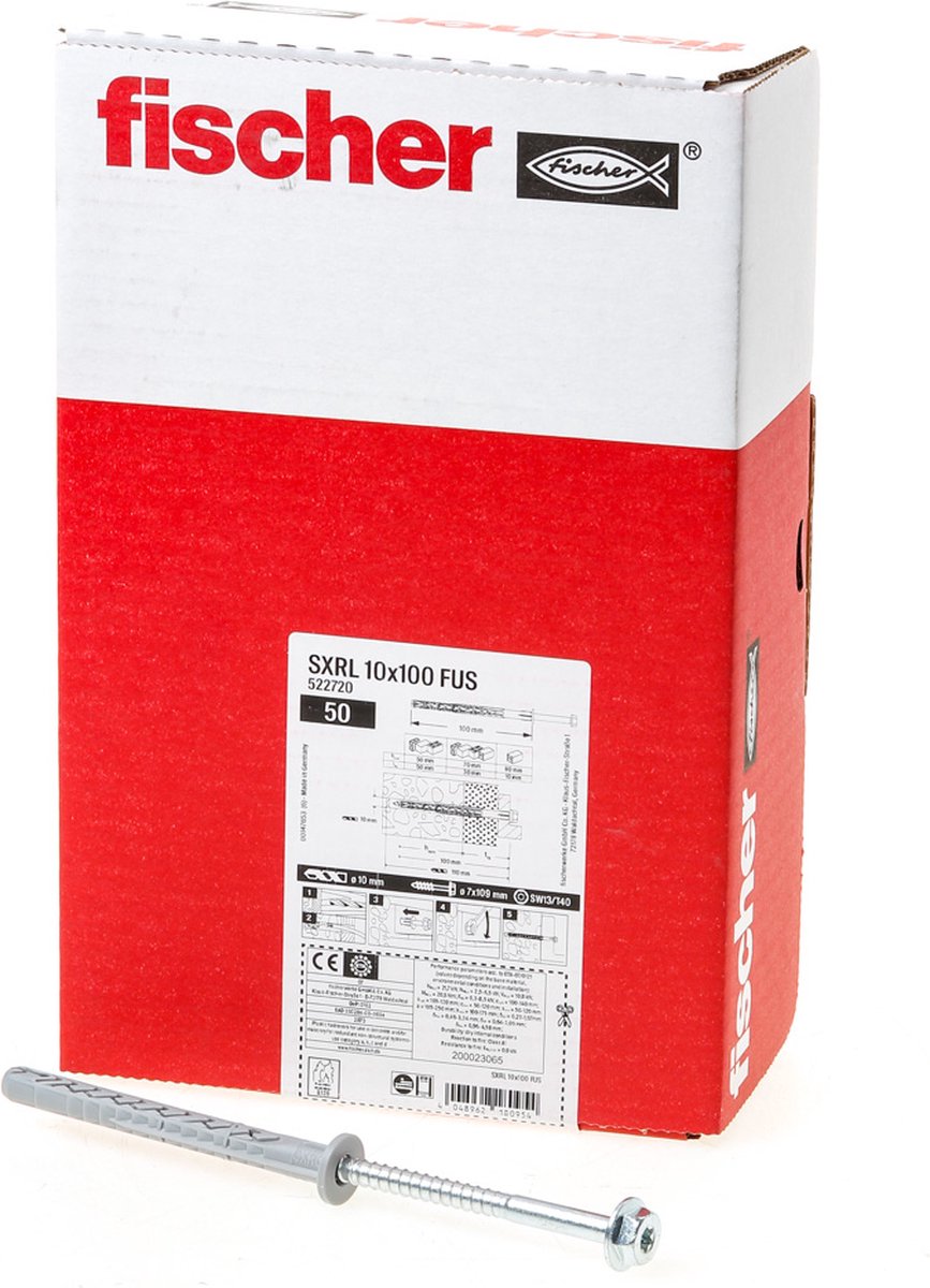 fischer SXRL 10 x 100 FUS Constructie/kozijnpluggen - T40/SW13 - zeskant schroef - verzinkt staal (50st)